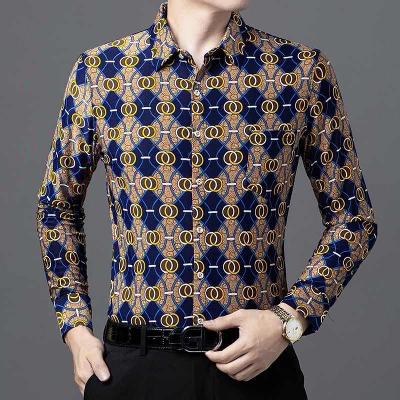 Vyriski marškiniai su gėlių atspaudu ir auksinio folijos apdaila, ilgos rankovės, apverčiamas apykaklė, prigludęs kirpimas