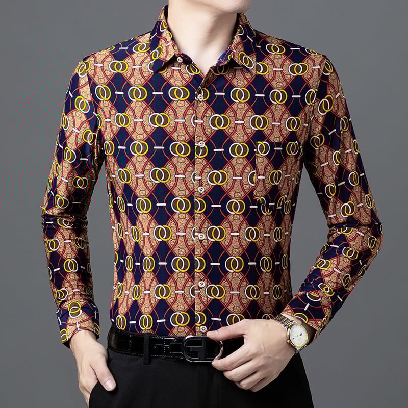 Vyriski marškiniai su gėlių atspaudu ir auksinio folijos apdaila, ilgos rankovės, apverčiamas apykaklė, prigludęs kirpimas