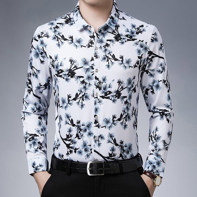 Vyriski marškiniai su gėlių atspaudu ir auksinio folijos apdaila, ilgos rankovės, apverčiamas apykaklė, prigludęs kirpimas
