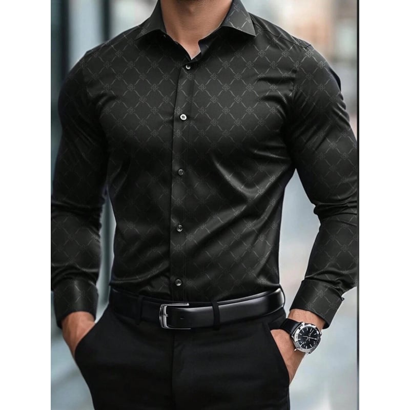 Lininiai marškiniai, slim fit, platus išsiplėtęs apykaklė, 3/4 rankovės, Color Block raštas