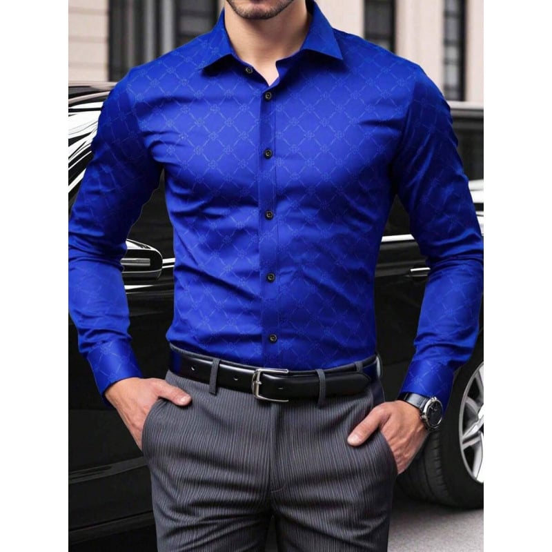 Lininiai marškiniai, slim fit, platus išsiplėtęs apykaklė, 3/4 rankovės, Color Block raštas