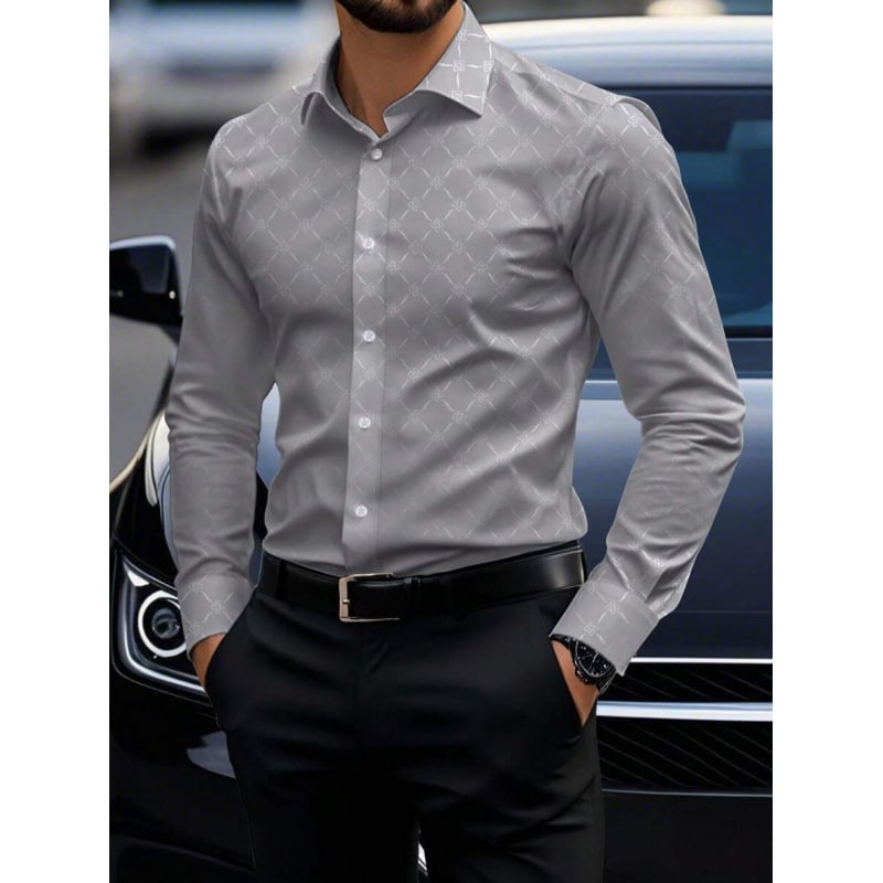 Lininiai marškiniai, slim fit, platus išsiplėtęs apykaklė, 3/4 rankovės, Color Block raštas