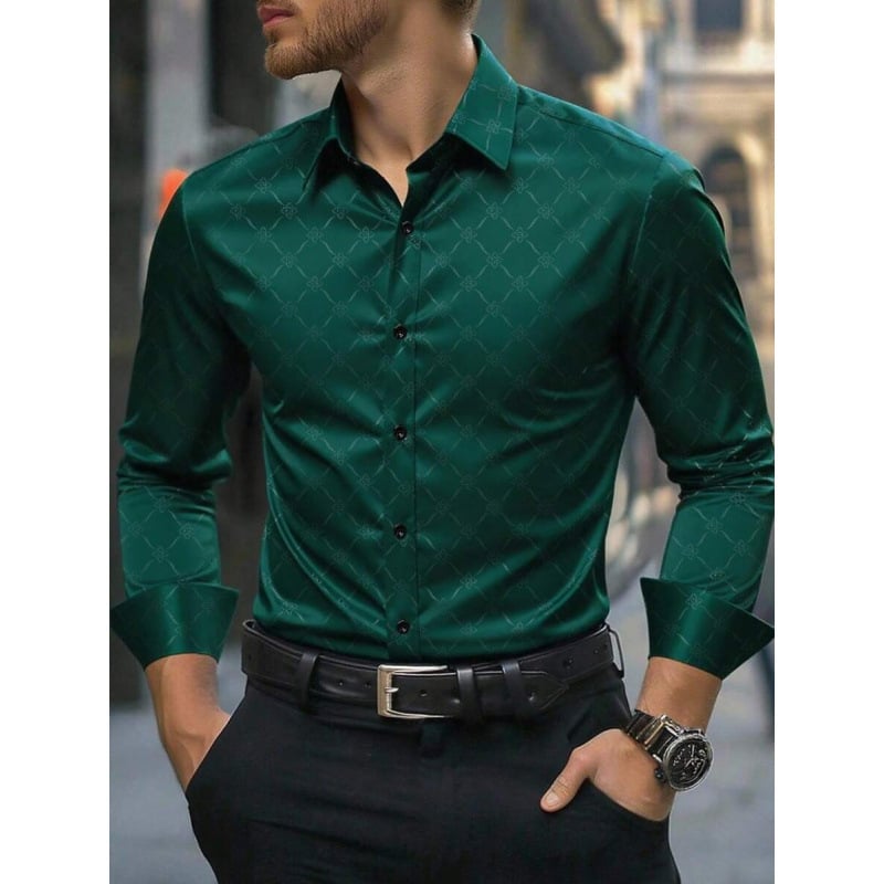 Lininiai marškiniai, slim fit, platus išsiplėtęs apykaklė, 3/4 rankovės, Color Block raštas