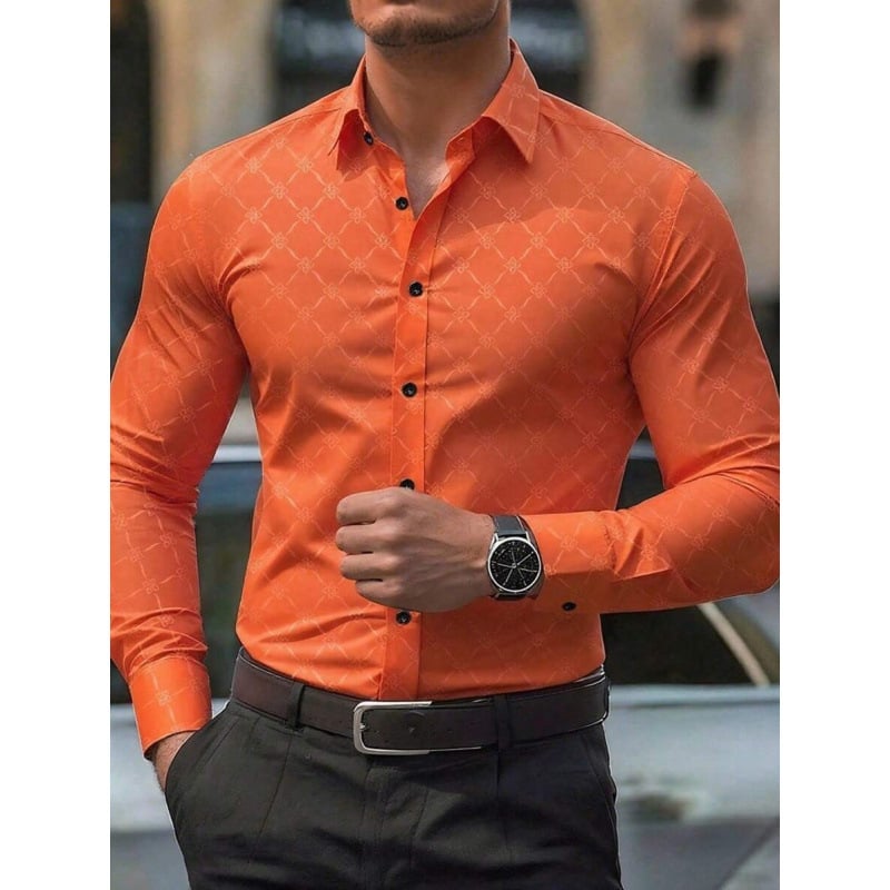 Lininiai marškiniai, slim fit, platus išsiplėtęs apykaklė, 3/4 rankovės, Color Block raštas