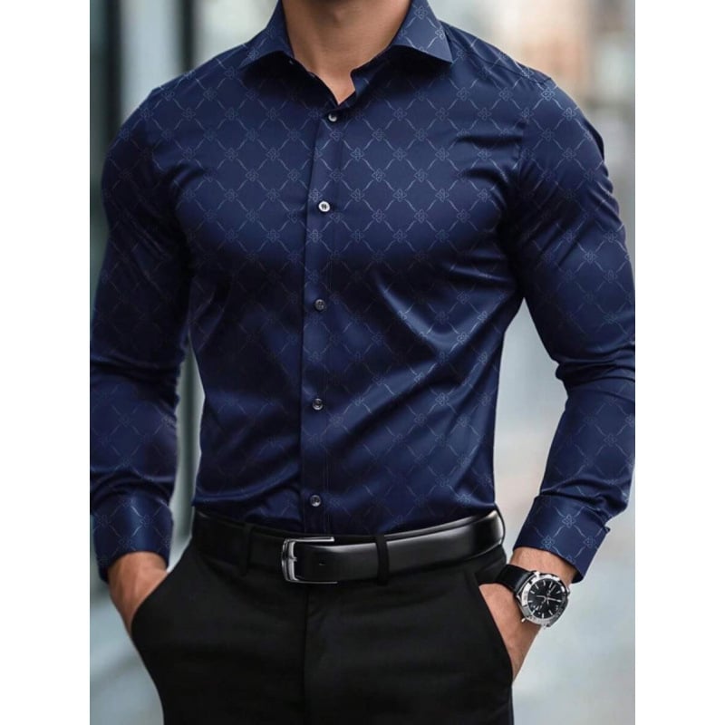 Lininiai marškiniai, slim fit, platus išsiplėtęs apykaklė, 3/4 rankovės, Color Block raštas