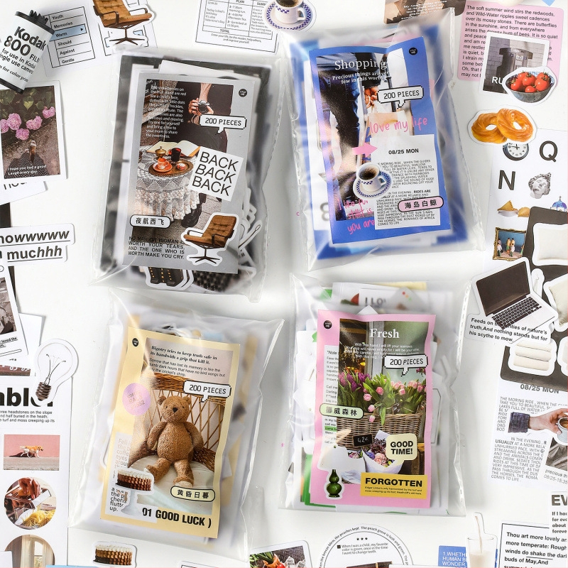Sada samolepiek do denníka v kórejskom štýle, kolážové umenie v štýle časopisu, ručne vyrobené DIY samolepky, 200 listov
