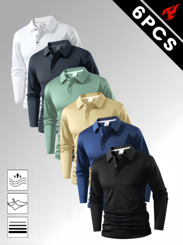 Polo unisex cu mânecă lungă, nasturi, croi slim, detalii patchwork, țesătură subțire din amestec sintetic, potrivit pentru primăvară-toamnă