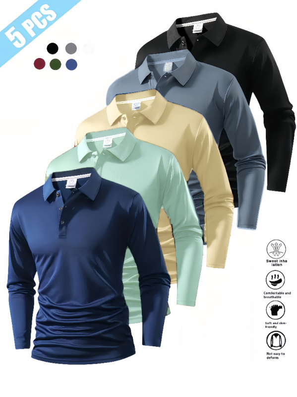 Polo unisex cu mânecă lungă, nasturi, croi slim, detalii patchwork, țesătură subțire din amestec sintetic, potrivit pentru primăvară-toamnă