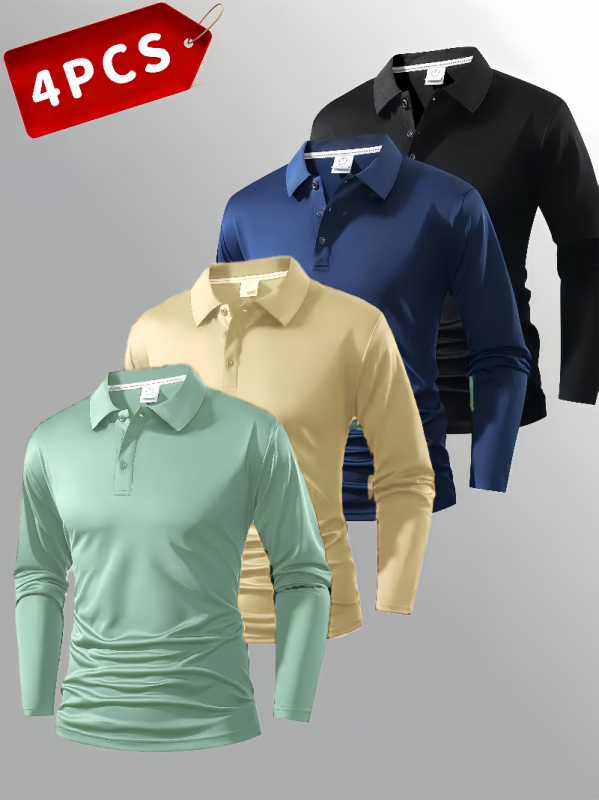 Polo unisex cu mânecă lungă, nasturi, croi slim, detalii patchwork, țesătură subțire din amestec sintetic, potrivit pentru primăvară-toamnă