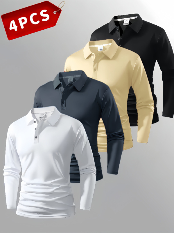 Polo unisex cu mânecă lungă, nasturi, croi slim, detalii patchwork, țesătură subțire din amestec sintetic, potrivit pentru primăvară-toamnă