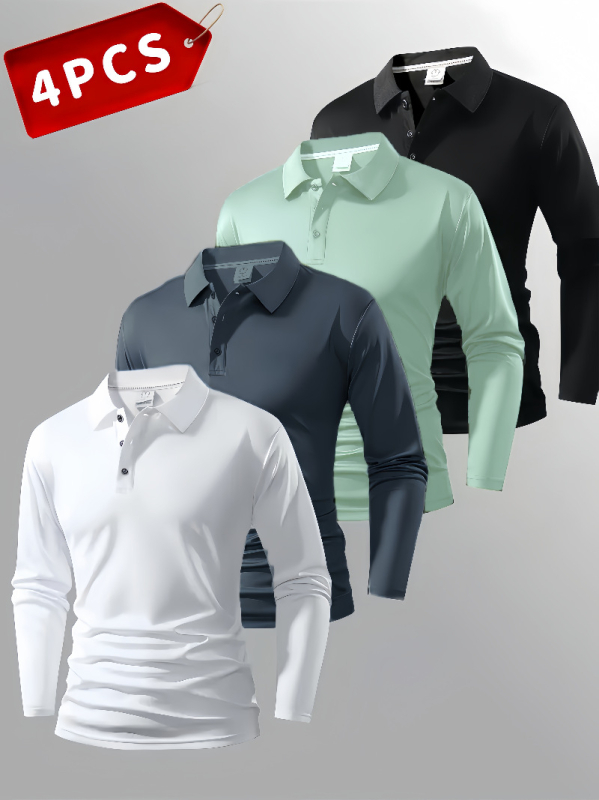 Polo unisex cu mânecă lungă, nasturi, croi slim, detalii patchwork, țesătură subțire din amestec sintetic, potrivit pentru primăvară-toamnă