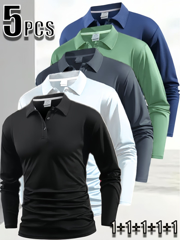 Polo unisex cu mânecă lungă, nasturi, croi slim, detalii patchwork, țesătură subțire din amestec sintetic, potrivit pentru primăvară-toamnă