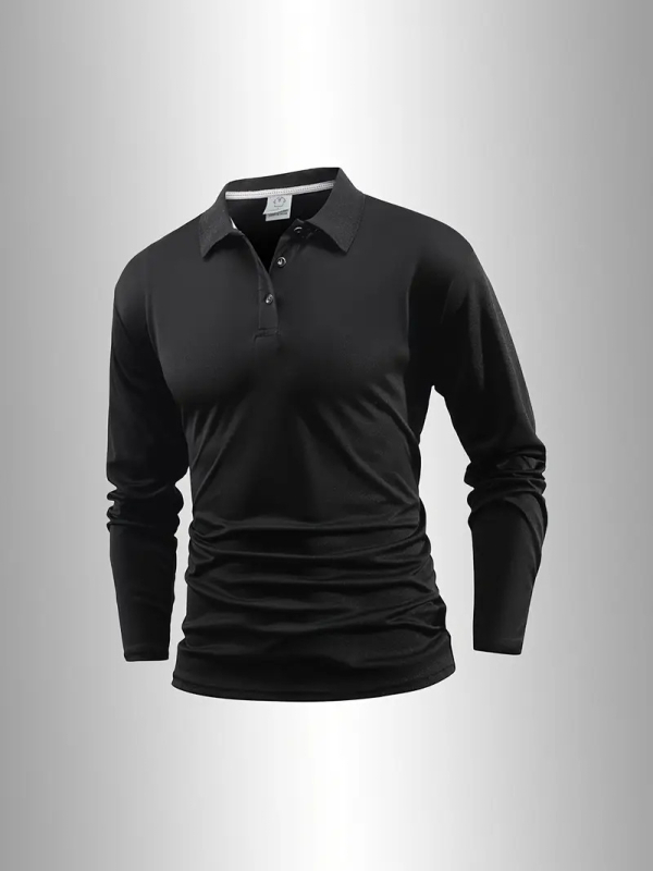 Polo unisex cu mânecă lungă, nasturi, croi slim, detalii patchwork, țesătură subțire din amestec sintetic, potrivit pentru primăvară-toamnă