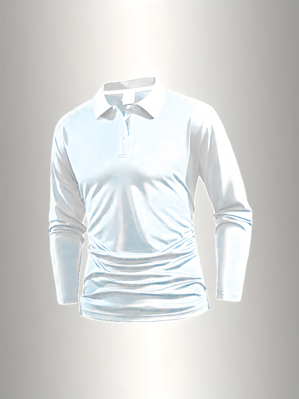 Polo unisex cu mânecă lungă, nasturi, croi slim, detalii patchwork, țesătură subțire din amestec sintetic, potrivit pentru primăvară-toamnă