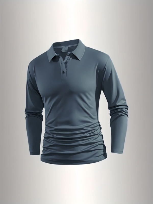 Polo unisex cu mânecă lungă, nasturi, croi slim, detalii patchwork, țesătură subțire din amestec sintetic, potrivit pentru primăvară-toamnă