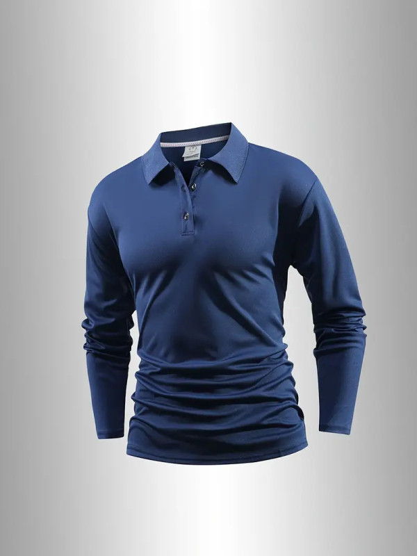 Polo unisex cu mânecă lungă, nasturi, croi slim, detalii patchwork, țesătură subțire din amestec sintetic, potrivit pentru primăvară-toamnă