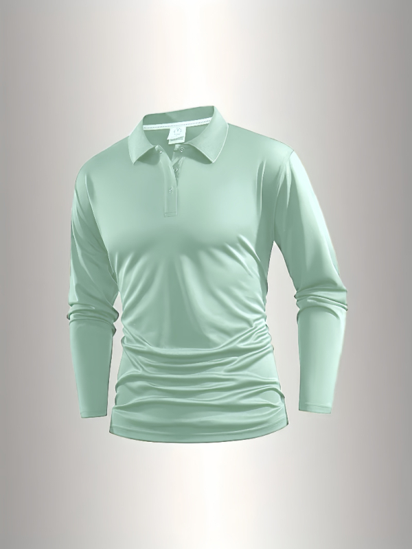 Polo unisex cu mânecă lungă, nasturi, croi slim, detalii patchwork, țesătură subțire din amestec sintetic, potrivit pentru primăvară-toamnă