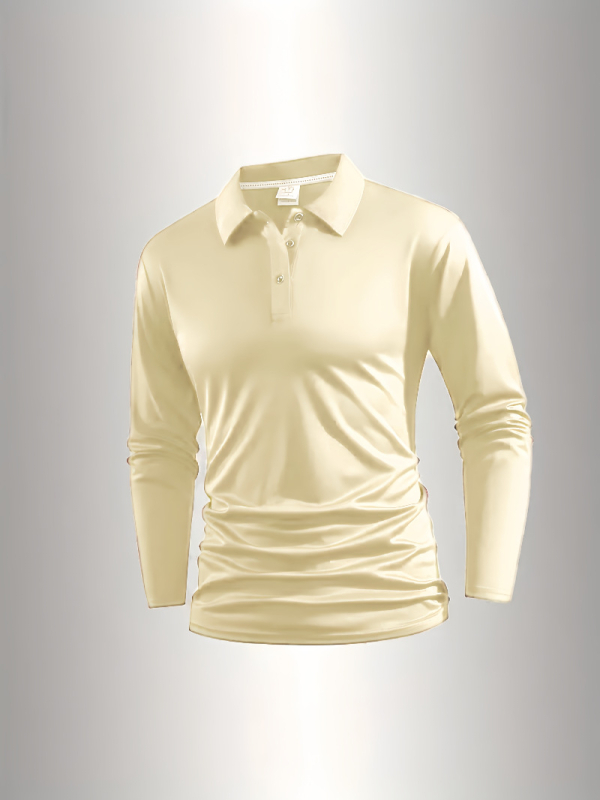 Polo unisex cu mânecă lungă, nasturi, croi slim, detalii patchwork, țesătură subțire din amestec sintetic, potrivit pentru primăvară-toamnă