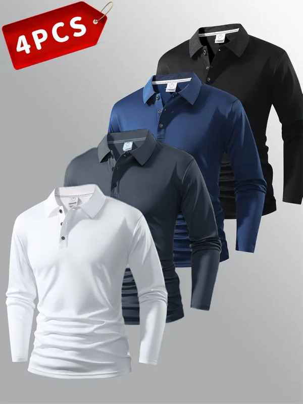 Polo unisex cu mânecă lungă, nasturi, croi slim, detalii patchwork, țesătură subțire din amestec sintetic, potrivit pentru primăvară-toamnă