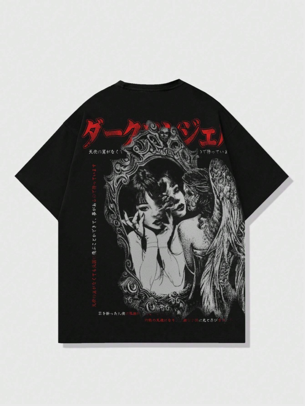 Američki retro T‑shirt, pamuk, otisak s slovima, okrugli izrez, kratki rukav, udoban slobodan kroj