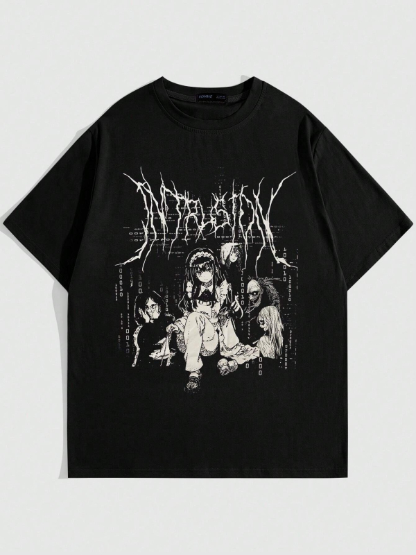 Američki retro T‑shirt, pamuk, otisak s slovima, okrugli izrez, kratki rukav, udoban slobodan kroj