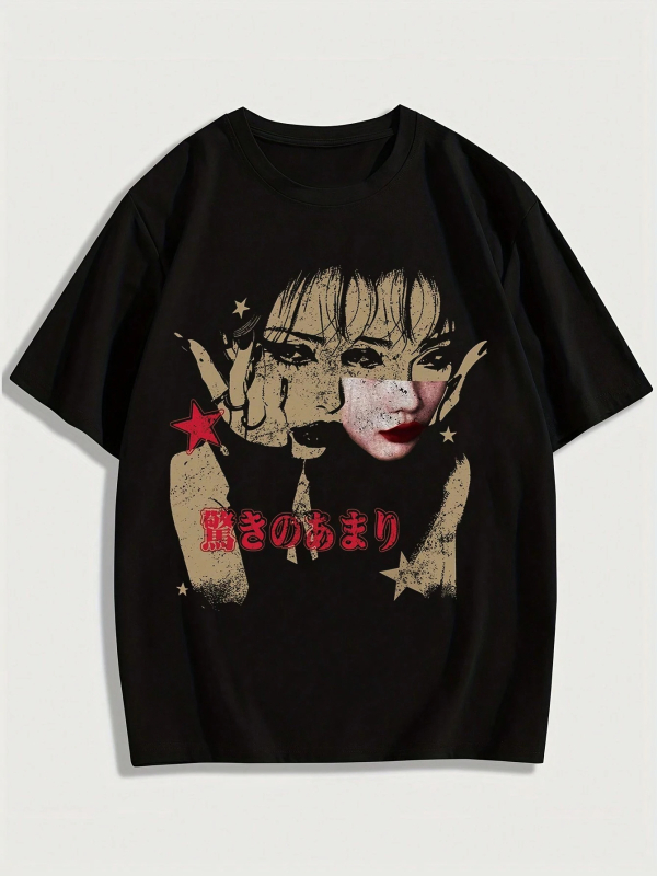 Američki retro T‑shirt, pamuk, otisak s slovima, okrugli izrez, kratki rukav, udoban slobodan kroj