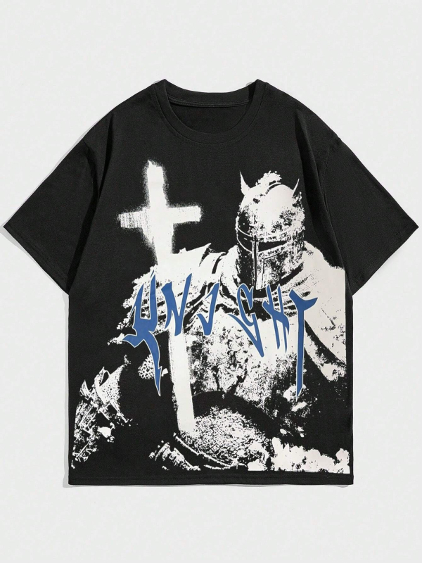 Američki retro T‑shirt, pamuk, otisak s slovima, okrugli izrez, kratki rukav, udoban slobodan kroj