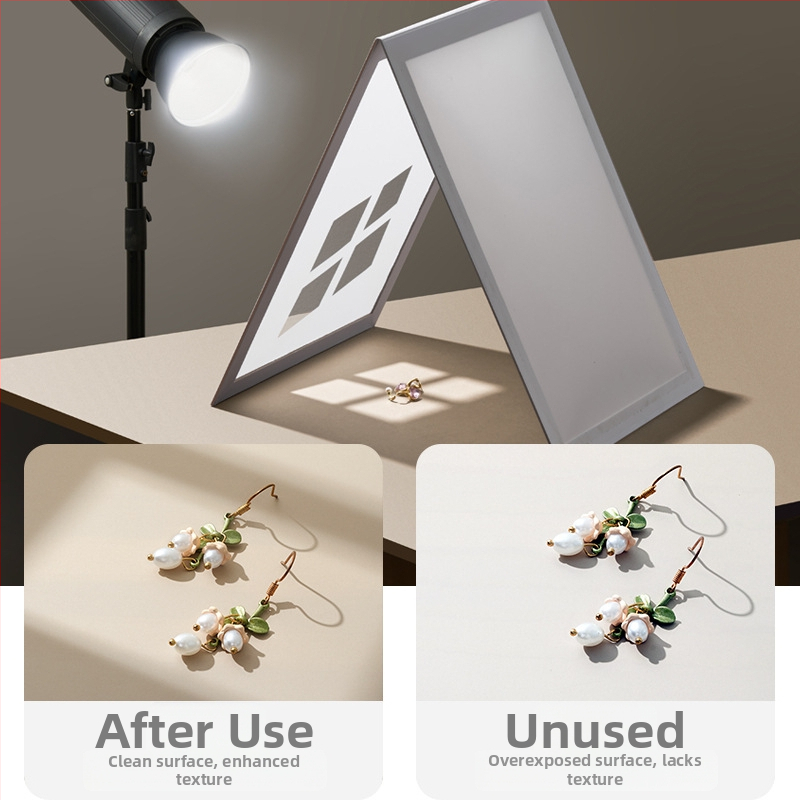 Sulankstoma šviesos difuzijos plokštė papuošalų fotografavimui su atspindinčiu ekranu – studijos rekvizitas