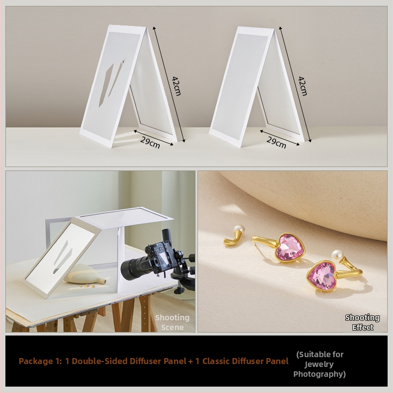 Sulankstoma šviesos difuzijos plokštė papuošalų fotografavimui su atspindinčiu ekranu – studijos rekvizitas