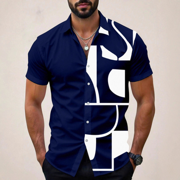 Vyriski marškiniai su lapelių apykakle, gėlių spaudinys, trumpomis rankovėmis, poliesterio 91–95%, laisvas kirpimas