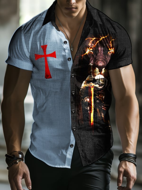 Vyriski marškiniai su lapelių apykakle, gėlių spaudinys, trumpomis rankovėmis, poliesterio 91–95%, laisvas kirpimas