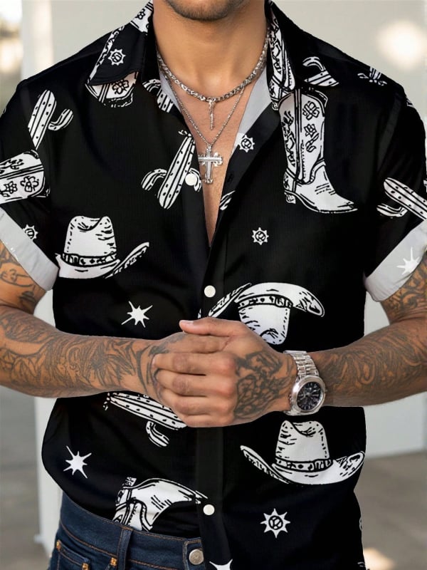 Vyriski marškiniai su lapelių apykakle, gėlių spaudinys, trumpomis rankovėmis, poliesterio 91–95%, laisvas kirpimas