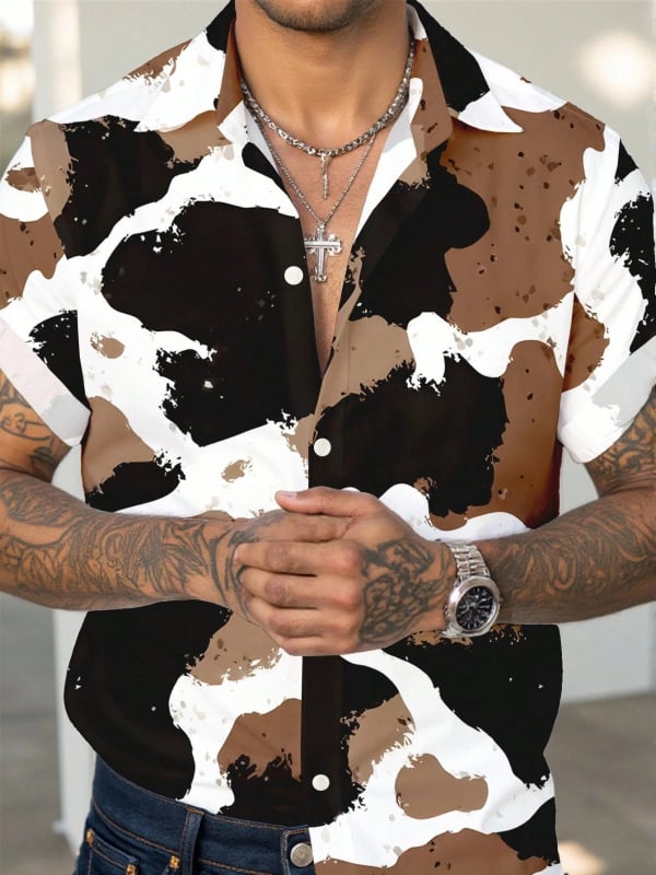 Vyriski marškiniai su lapelių apykakle, gėlių spaudinys, trumpomis rankovėmis, poliesterio 91–95%, laisvas kirpimas