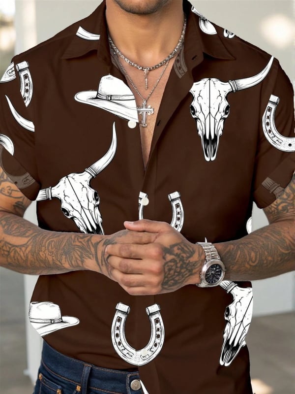 Vyriski marškiniai su lapelių apykakle, gėlių spaudinys, trumpomis rankovėmis, poliesterio 91–95%, laisvas kirpimas