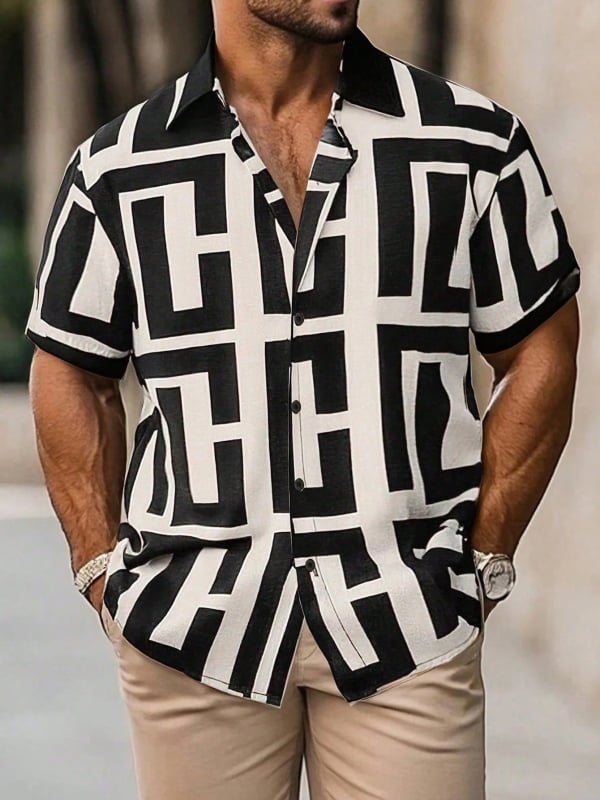 Vyriski marškiniai su lapelių apykakle, gėlių spaudinys, trumpomis rankovėmis, poliesterio 91–95%, laisvas kirpimas