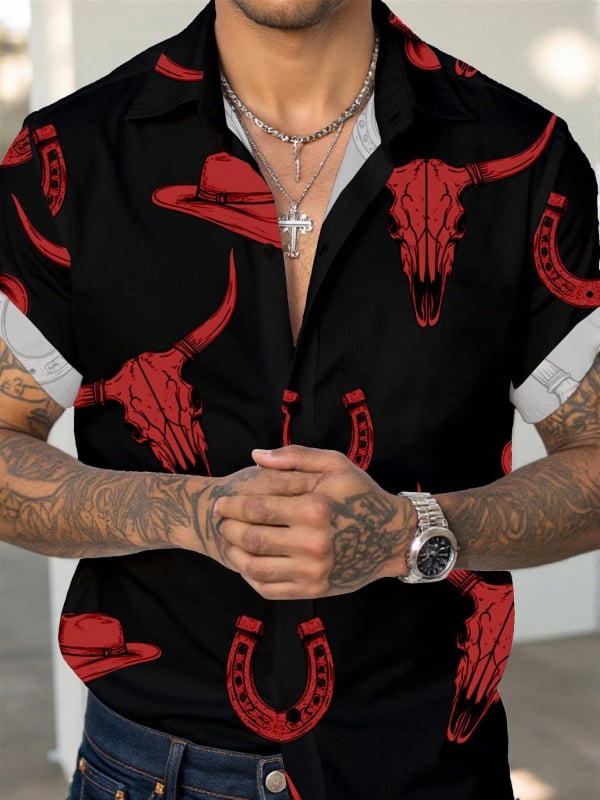 Vyriski marškiniai su lapelių apykakle, gėlių spaudinys, trumpomis rankovėmis, poliesterio 91–95%, laisvas kirpimas