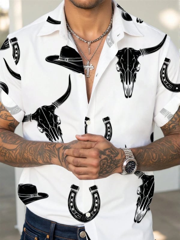 Vyriski marškiniai su lapelių apykakle, gėlių spaudinys, trumpomis rankovėmis, poliesterio 91–95%, laisvas kirpimas