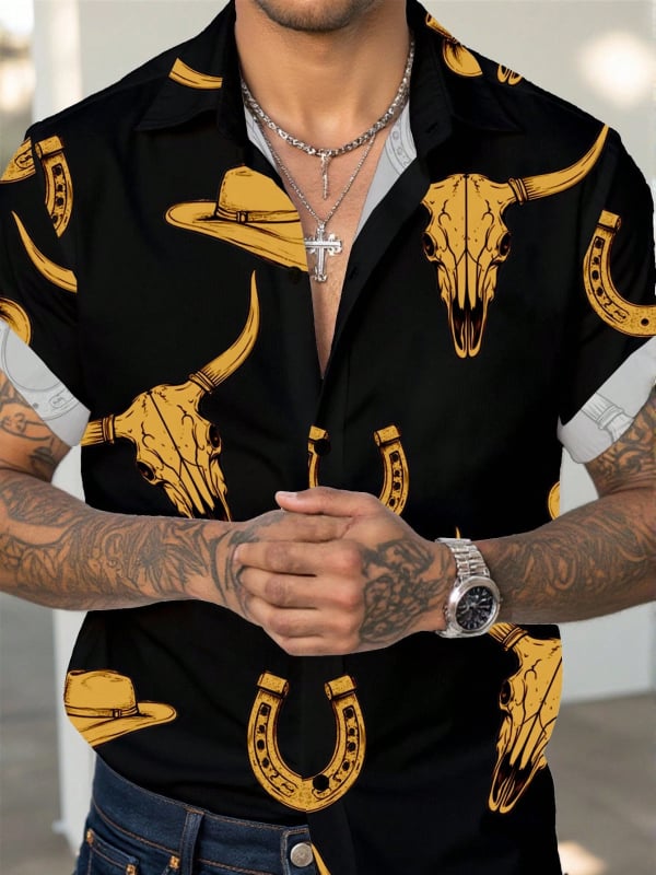 Vyriski marškiniai su lapelių apykakle, gėlių spaudinys, trumpomis rankovėmis, poliesterio 91–95%, laisvas kirpimas