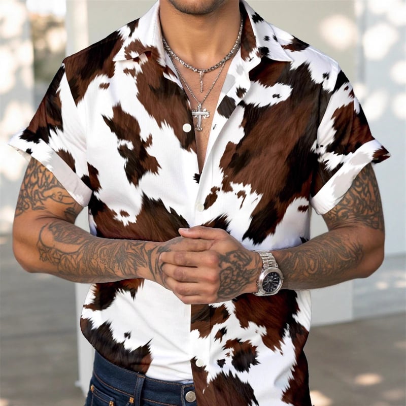 Vyriski marškiniai su lapelių apykakle, gėlių spaudinys, trumpomis rankovėmis, poliesterio 91–95%, laisvas kirpimas