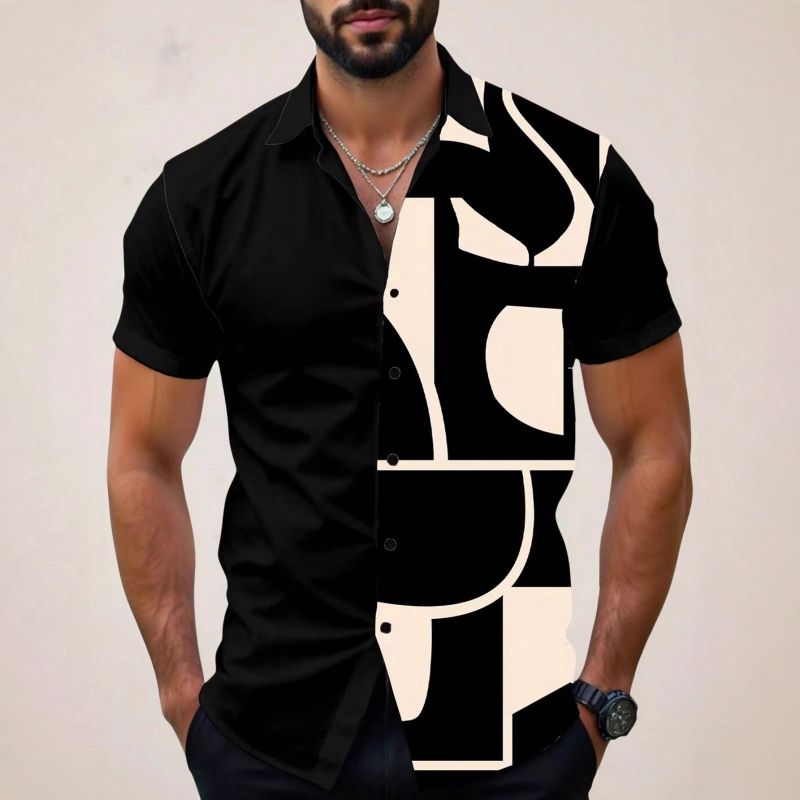 Vyriski marškiniai su lapelių apykakle, gėlių spaudinys, trumpomis rankovėmis, poliesterio 91–95%, laisvas kirpimas