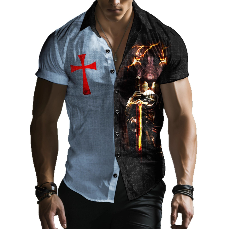 Vyriski marškiniai su lapelių apykakle, gėlių spaudinys, trumpomis rankovėmis, poliesterio 91–95%, laisvas kirpimas