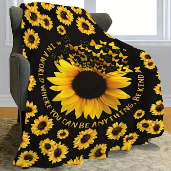 Слънчогледово фланелено одеяло, 100% полиестер, 260 g, пролетно-есенно, принт растения и цветя, персонализируемо за легло и диван