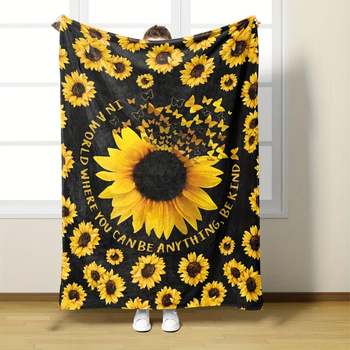 Слънчогледово фланелено одеяло, 100% полиестер, 260 g, пролетно-есенно, принт растения и цветя, персонализируемо за легло и диван