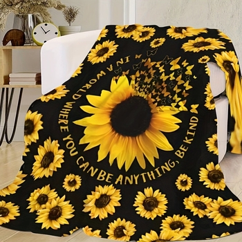 Слънчогледово фланелено одеяло, 100% полиестер, 260 g, пролетно-есенно, принт растения и цветя, персонализируемо за легло и диван