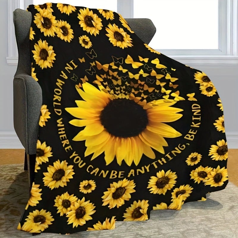 Слънчогледово фланелено одеяло, 100% полиестер, 260 g, пролетно-есенно, принт растения и цветя, персонализируемо за легло и диван