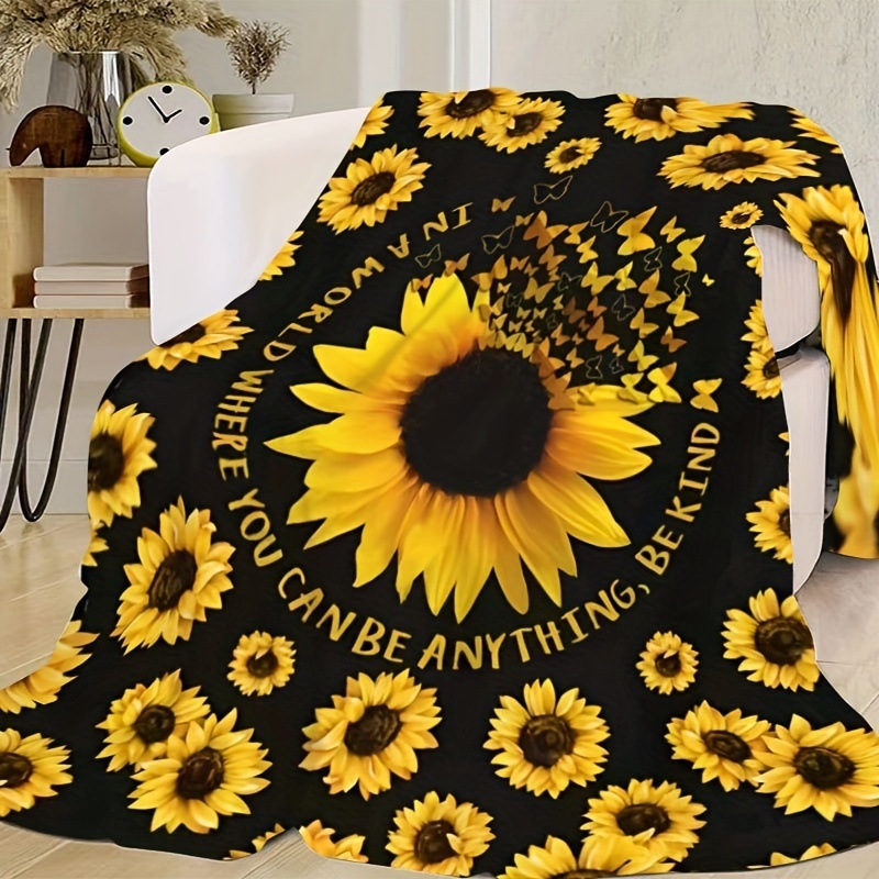 Слънчогледово фланелено одеяло, 100% полиестер, 260 g, пролетно-есенно, принт растения и цветя, персонализируемо за легло и диван