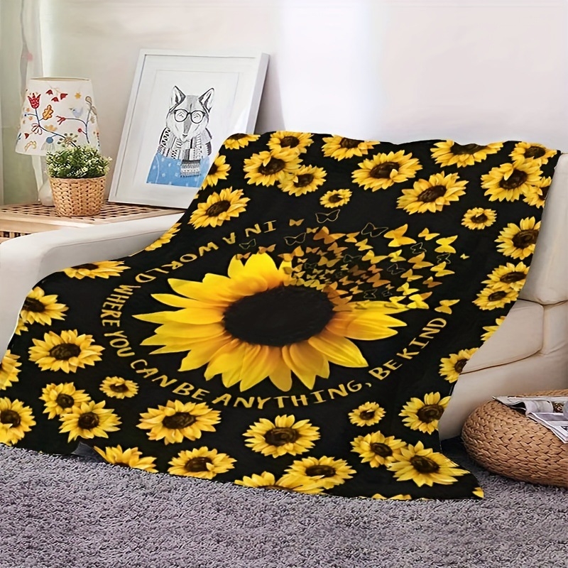 Слънчогледово фланелено одеяло, 100% полиестер, 260 g, пролетно-есенно, принт растения и цветя, персонализируемо за легло и диван