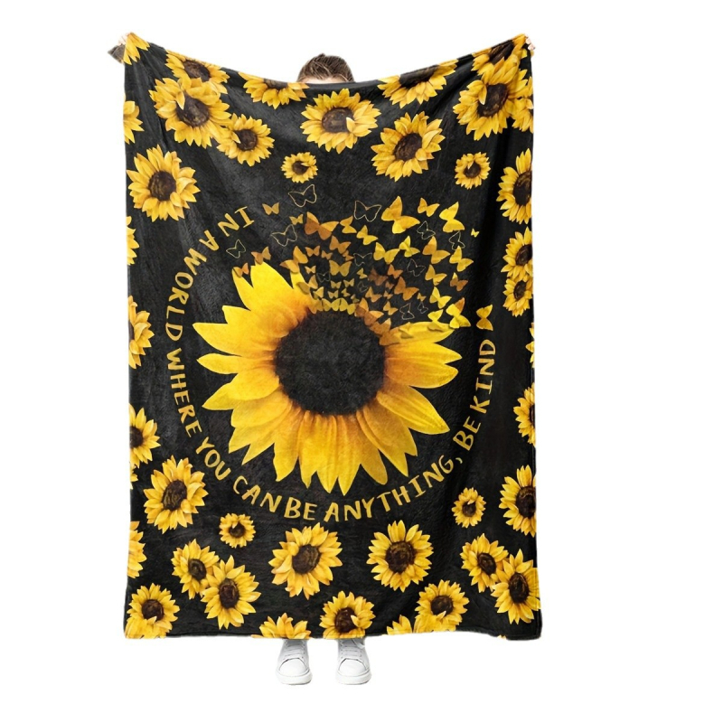 Слънчогледово фланелено одеяло, 100% полиестер, 260 g, пролетно-есенно, принт растения и цветя, персонализируемо за легло и диван