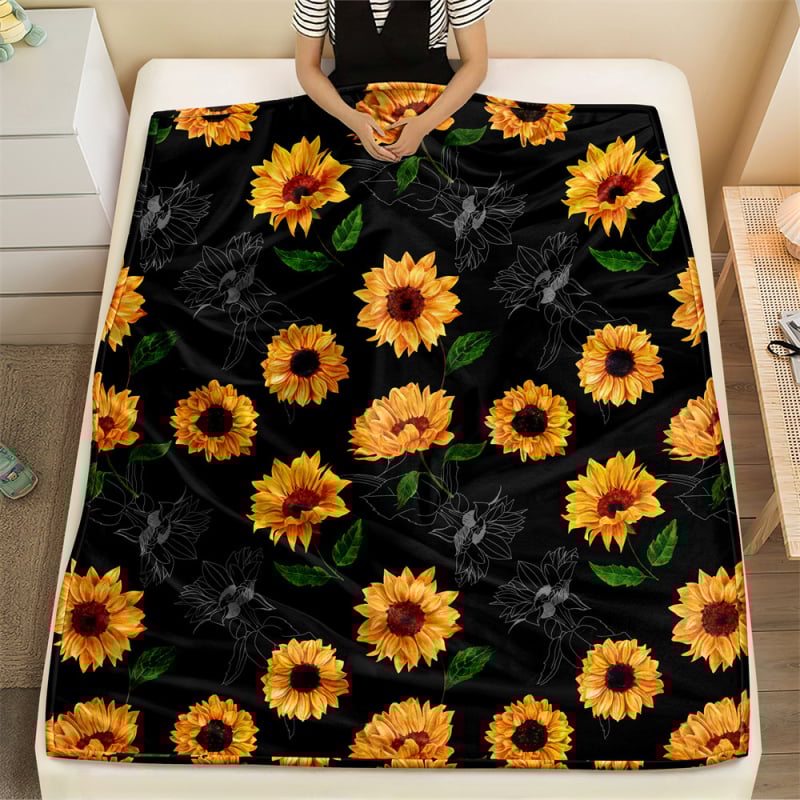 Слънчогледово фланелено одеяло, 100% полиестер, 260 g, пролетно-есенно, принт растения и цветя, персонализируемо за легло и диван