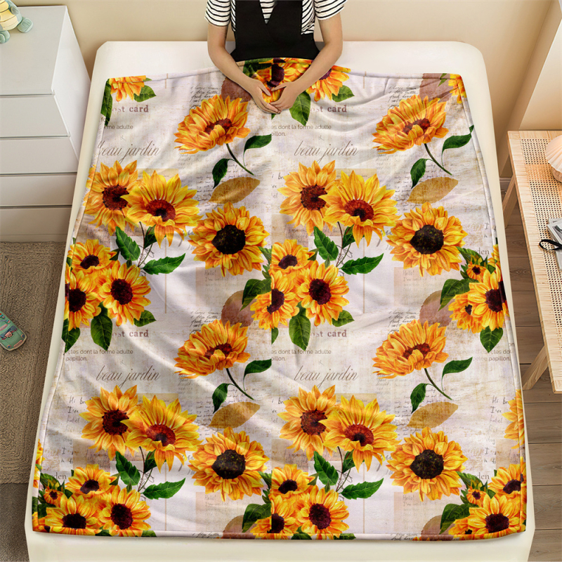 Слънчогледово фланелено одеяло, 100% полиестер, 260 g, пролетно-есенно, принт растения и цветя, персонализируемо за легло и диван